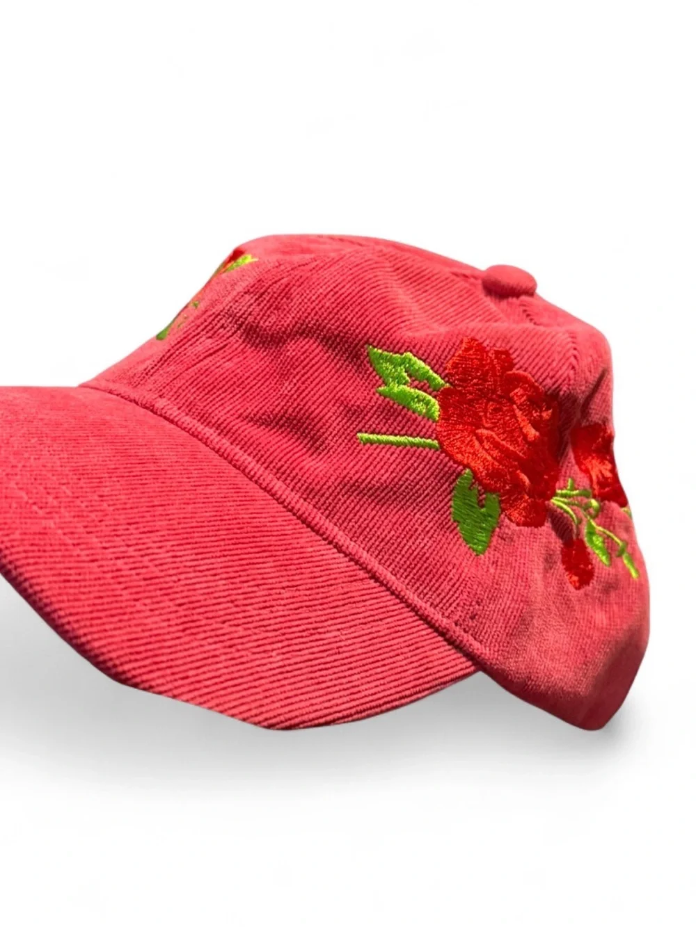 Red/PinkCorduroy Baseball Cap with Embroidered Rose